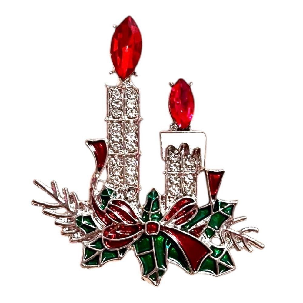🤯5/$25🤯 Festive Red And Clear Crystal Candle Christmas Silver Brooch
